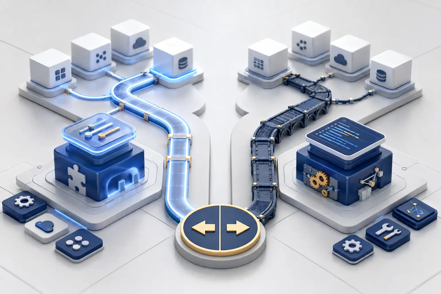 Visual comparison between a ready-made software connector and a custom API integration